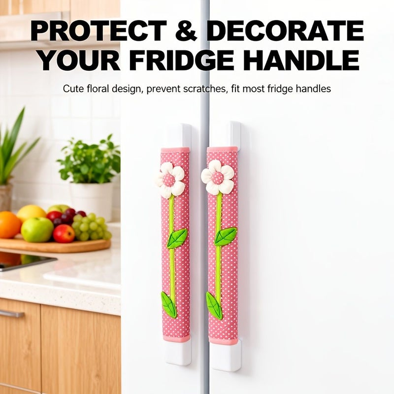 Blue Fabric Sunflower Refrigerator Handle Replacement Cover 2pcs Detachable Dustproof Decor - Image 1