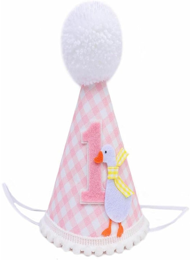 Finduat One Silly Goose First Birthday Party Hat, Pink Gingham with Duck Design, White Pom Pom - Image 1