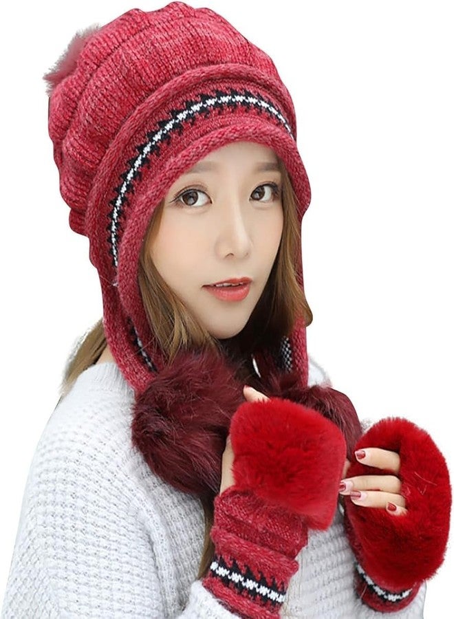 طقم قبعة وقفازات شتوية نسائية من ريتشمن، مصنوع من الصوف الناعم المخملي مع كرة من الفرو، مقاوم للثلج، قبعة صوفية للبنات والسيدات، قفازات فرو بدون أصابع مع قبعة (مقاس حر) (لون عنابي) - Image 1