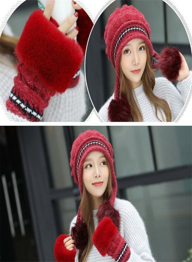 طقم قبعة وقفازات شتوية نسائية من ريتشمن، مصنوع من الصوف الناعم المخملي مع كرة من الفرو، مقاوم للثلج، قبعة صوفية للبنات والسيدات، قفازات فرو بدون أصابع مع قبعة (مقاس حر) (لون عنابي) - Image 4