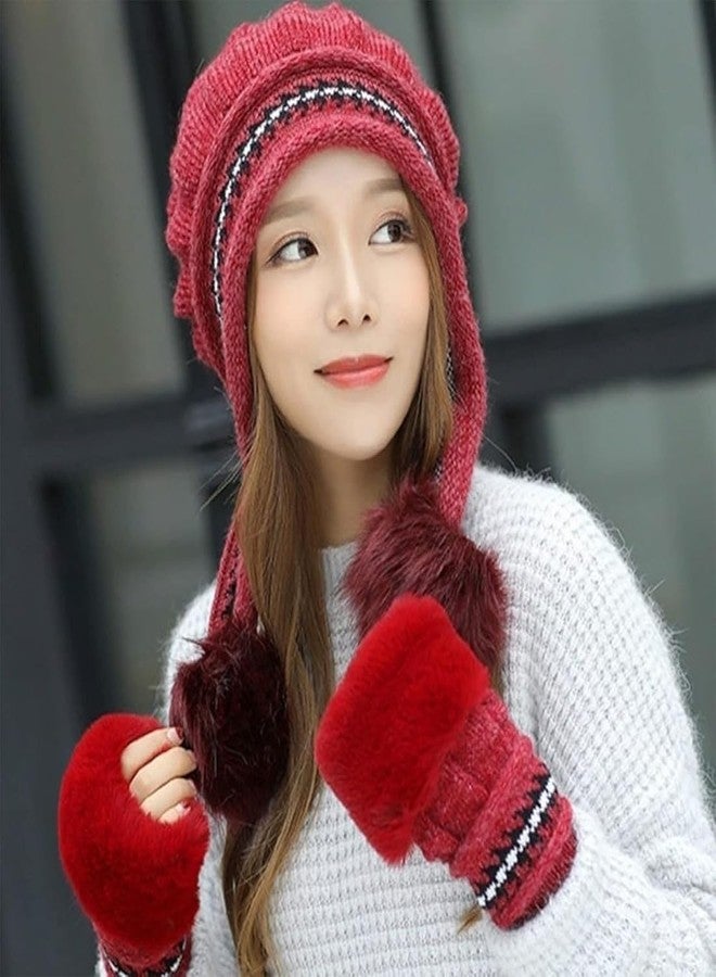 طقم قبعة وقفازات شتوية نسائية من ريتشمن، مصنوع من الصوف الناعم المخملي مع كرة من الفرو، مقاوم للثلج، قبعة صوفية للبنات والسيدات، قفازات فرو بدون أصابع مع قبعة (مقاس حر) (لون عنابي) - Image 2