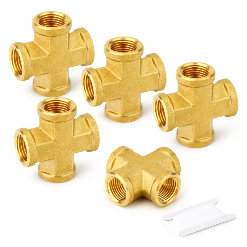 GASHER 5PCS Brass Pipe Fitting Cross 4 Way Pipe Fitting 38 x 38 x 38 x 38 NPT Female Pipe - Image 2