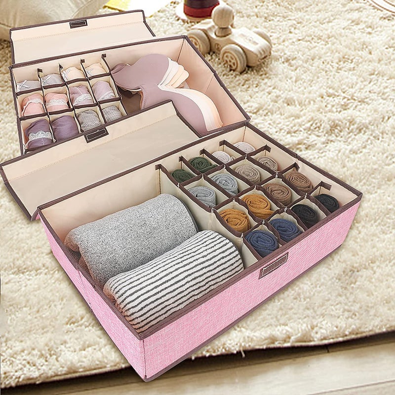 FORKLS Underwear Drawer Organizer 161 Compartment Bra Organizer for Wardrobe NonWoven Foldable Storage Box for Clothes Closet Dividers for Bras Socks Handkerchiefs Linen Pink - Image 3