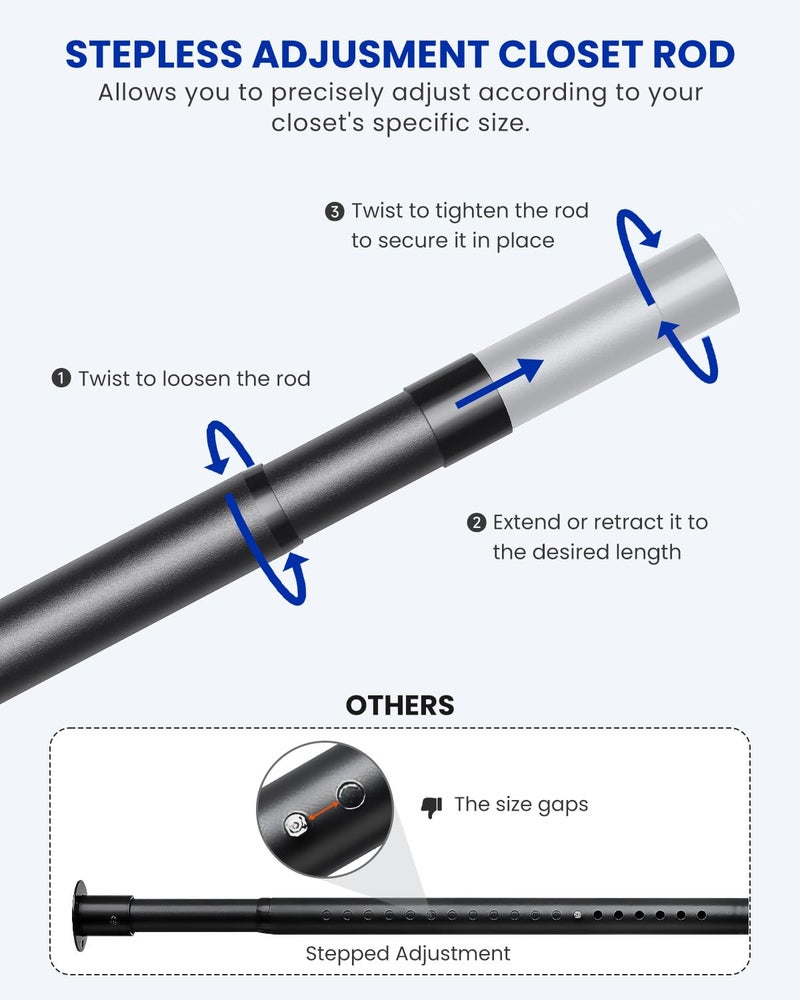 Supforce 3 PACK Closet Rods for Hanging Clothes, 17 to 84 Inches Stepless Adjustable Metal Closet Rod, 1.3 Inches Heavy Duty Clothes Hanging Rod for Closet Wardrobes Laundry RV, Black - Image 4