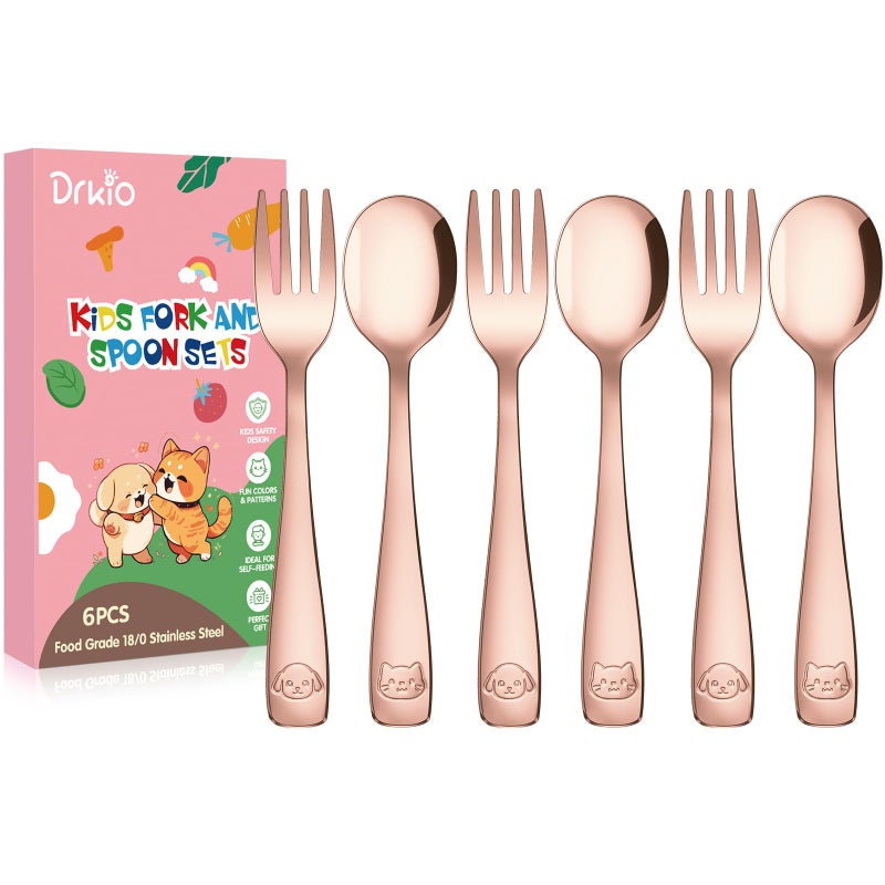 DRKIO Stainless Steel Toddler Utensils Set - 6 Pieces Kids Silverware Set Children Safe Food Grade Small Forks and Spoons Dishwasher Safe Mirror Polished - Image 1