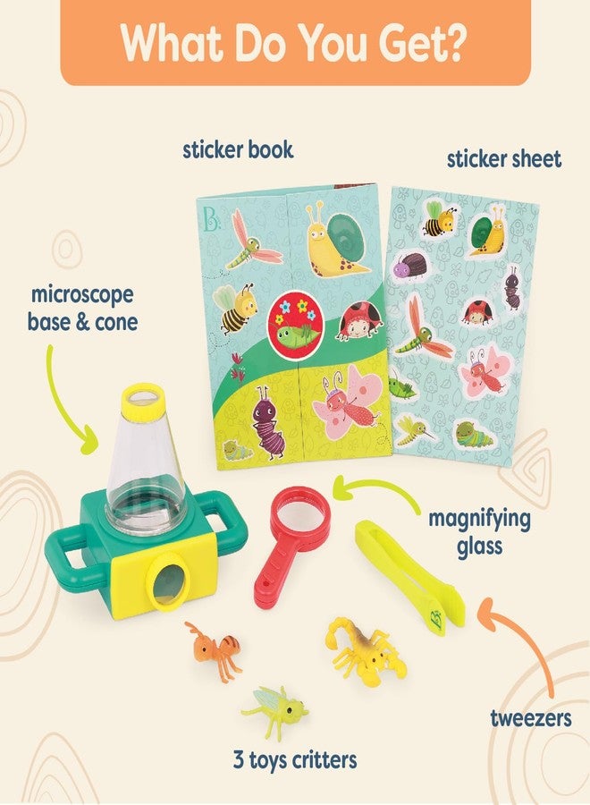 B. toys - 9 Pieces Toy Microscope Set with Sticker Book, Magnifying Glass & Tweezers, Includes 4 Toy Bugs for Little Explorers, STEM Learning, Educational Toys for Kids 4+ Years - Image 4
