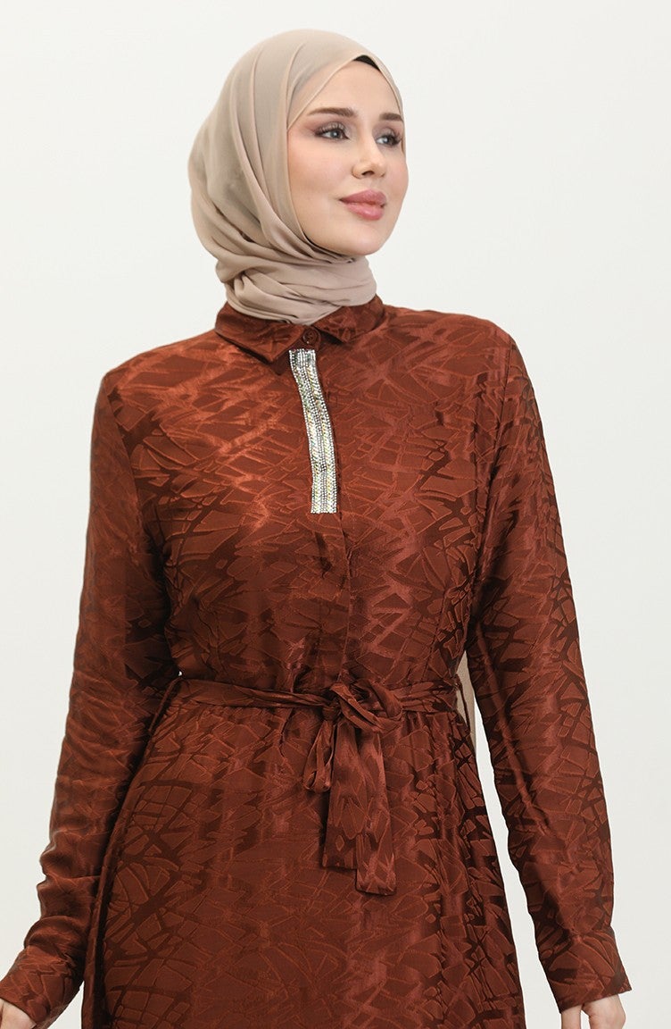 Sefa Merve Shirt Collar Patterned Dress 81854-06 Brown  - Image 3