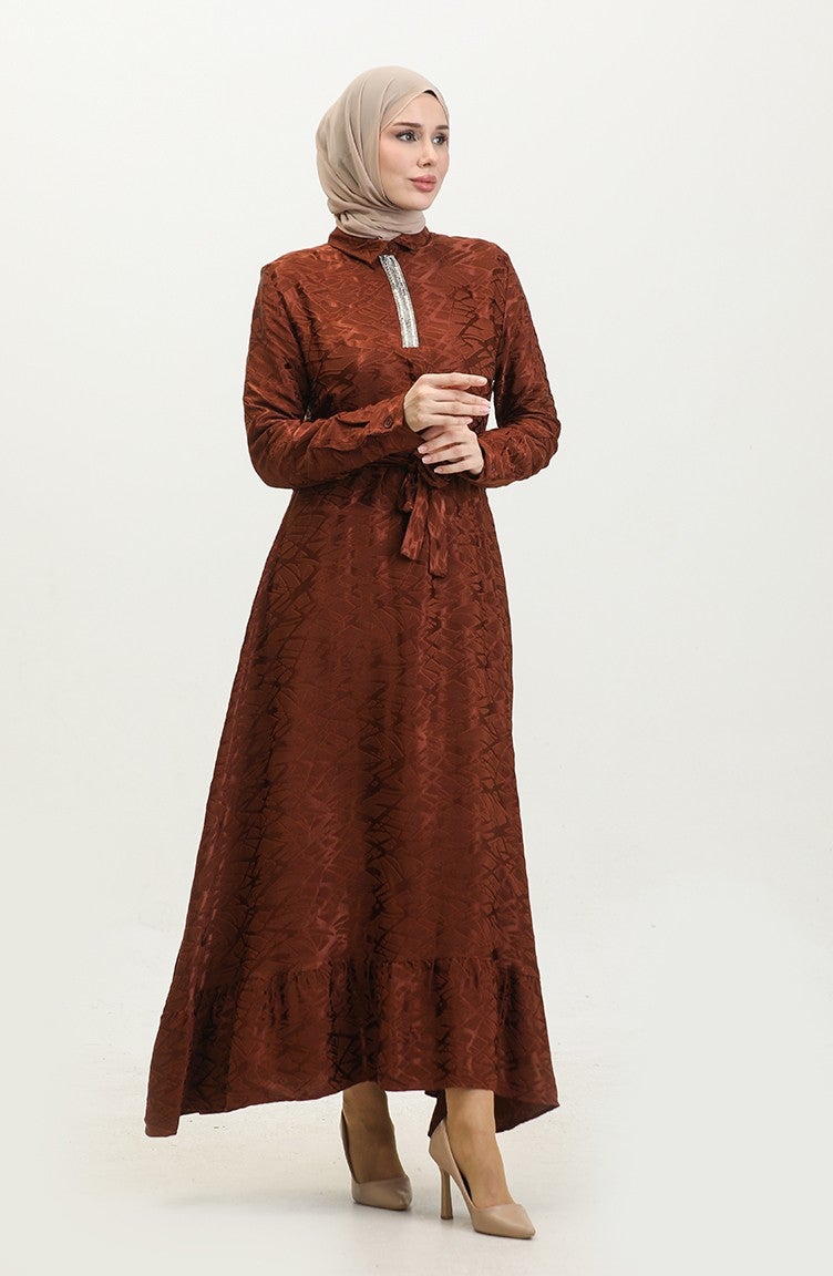 Sefa Merve Shirt Collar Patterned Dress 81854-06 Brown  - Image 2