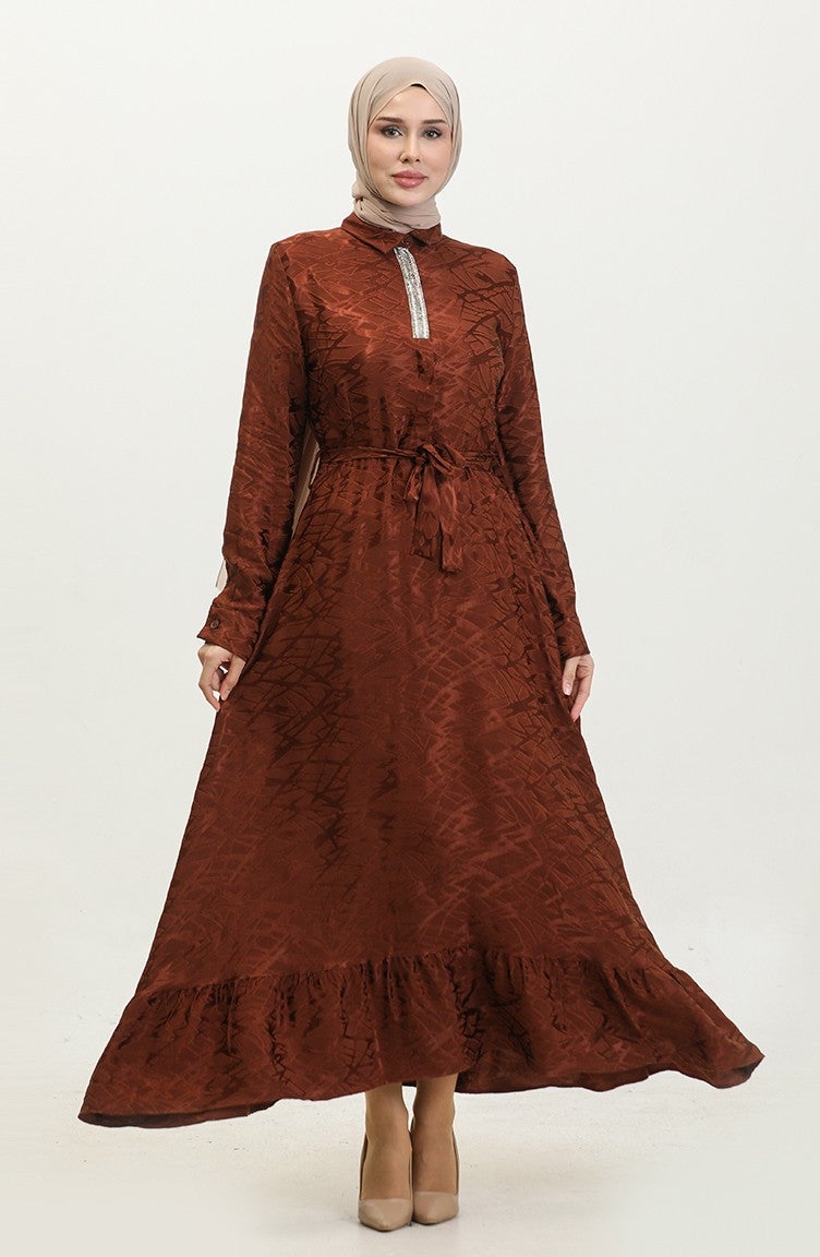 Sefa Merve Shirt Collar Patterned Dress 81854-06 Brown  - Image 1