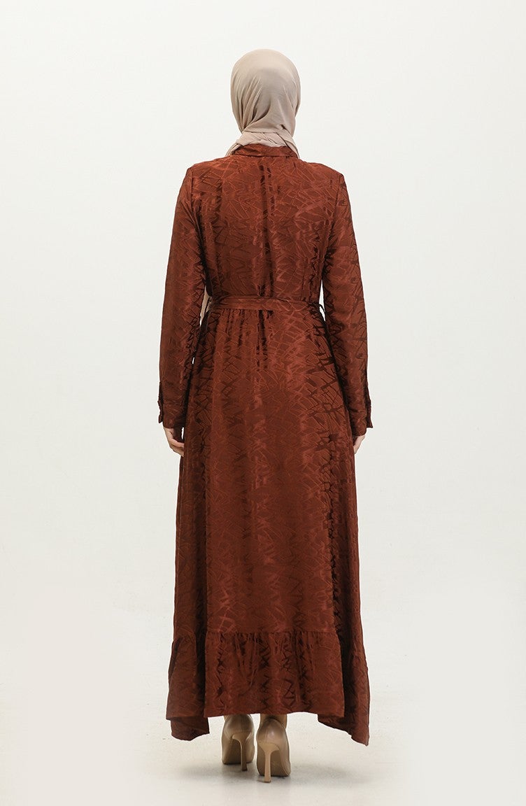 Sefa Merve Shirt Collar Patterned Dress 81854-06 Brown  - Image 5
