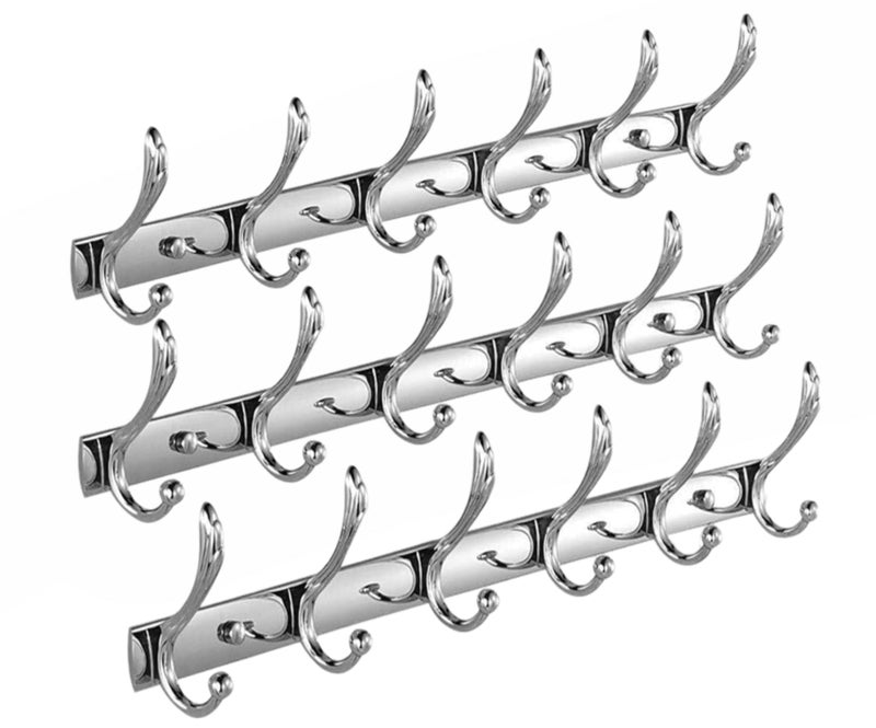 Excellent t Stainless Steel 12Pin Bathroom Cloth Hanger Door Wall Robe Hooks Rail for Hanging Keys, Clothes, Towel (40 Cms) (6 Pin Silver, Pack of 3) - Image 1
