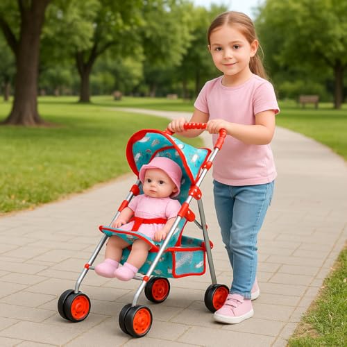 fash n kolor Toy Doll Stroller for Kids Foldable Baby Doll Stroller with Safety Belt Storage Basket Lightweight Pretend Play with Best Gift for Girls Boys Ages 2 3 4 5 Unicorn Design - Image 5