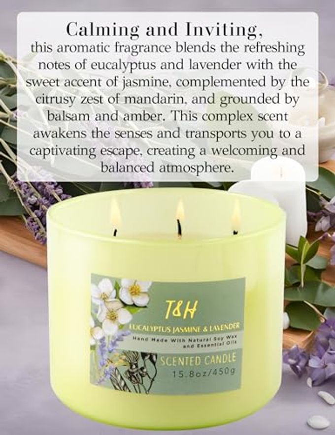 T H Eucalyptus Jasmine Lavender 3-Wick Soy Candle, 15.8 oz | Highly Scented Woodsy Lavender Candle | Aromatherapy Stress Relief Candles for Home | Clean-Burn | for Men & Women - Image 5