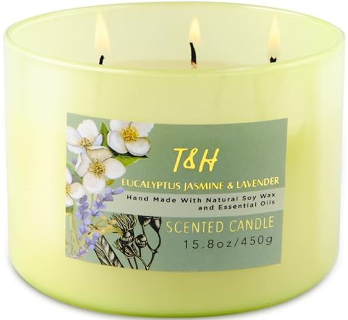 T H Eucalyptus Jasmine Lavender 3-Wick Soy Candle, 15.8 oz | Highly Scented Woodsy Lavender Candle | Aromatherapy Stress Relief Candles for Home | Clean-Burn | for Men & Women - Image 4
