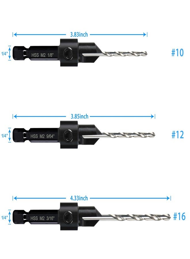 DKIBBITH 3-pc Countersink Drill Bit Set #10#12#16, 3in1 Woodworking Counterbore Hole Saw Drill Bits, Depth Adjustable M2 Pilot Drill Bits, 82-Degree Chamfer, 1/4” Hex Shank, with 1 Allen Wrench - Image 2
