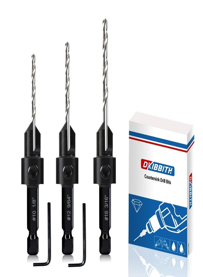 DKIBBITH 3-pc Countersink Drill Bit Set #10#12#16, 3in1 Woodworking Counterbore Hole Saw Drill Bits, Depth Adjustable M2 Pilot Drill Bits, 82-Degree Chamfer, 1/4” Hex Shank, with 1 Allen Wrench - Image 1
