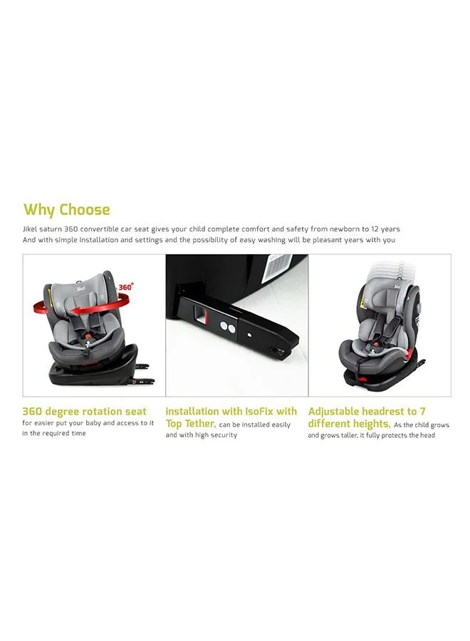 Jikel All-in-one IsoFix Rotating 360 Convertible Car Seat, Saturn, 0-36 kg  - Grey
