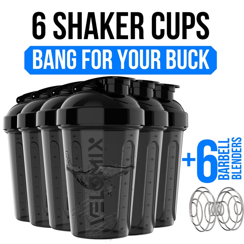 VELOMIX -6 PACK- Shaker Cups for Protein Shakes 20 oz - 6x Wire Whisk | Leak Proof Protein Shaker Bottle for Protein Shakes, Shaker Bottle Pack for Pre & Post Workout, Shaker Cup (ALL IN BLACK) - Image 2