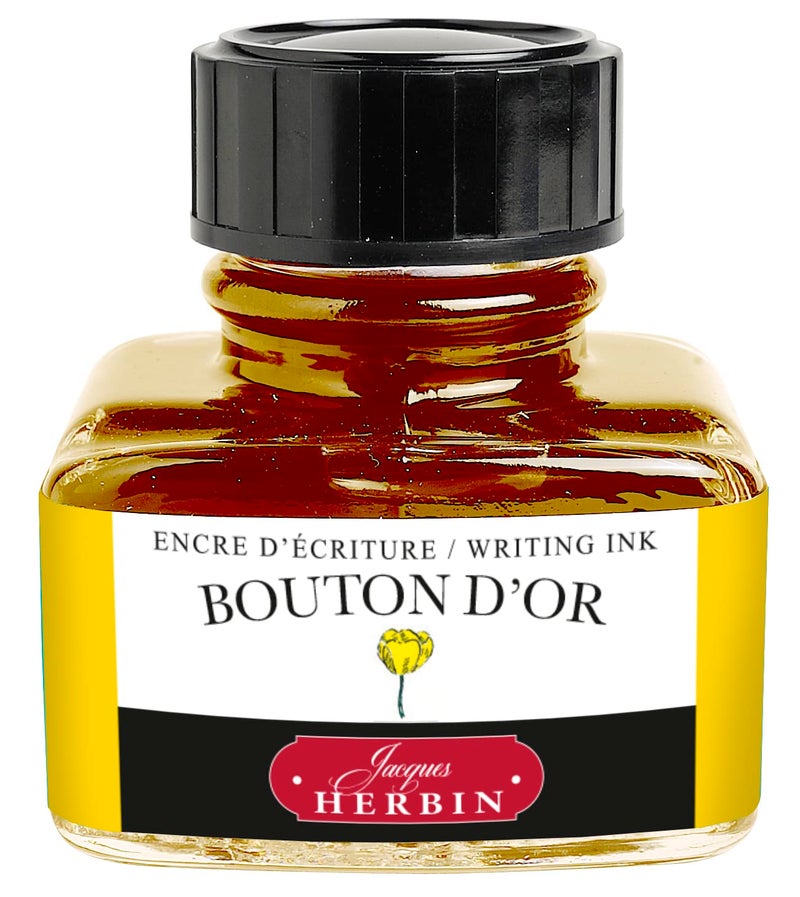 Jacques Herbin - Ref 13053T - Ink for Fountain Pens & Rollerball Pens - Bouton D'or/Yellow Button Gold - 30ml Bottle with Integrated Pen Rest - Yellow-Coloured Ink - Image 1