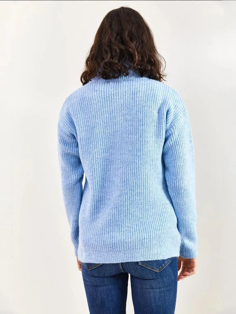 Bianco Lucci LUCCI Oversized Textured Knit Sweater with Zipper Collar