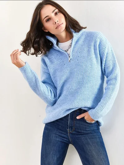 Bianco Lucci LUCCI Oversized Textured Knit Sweater with Zipper Collar