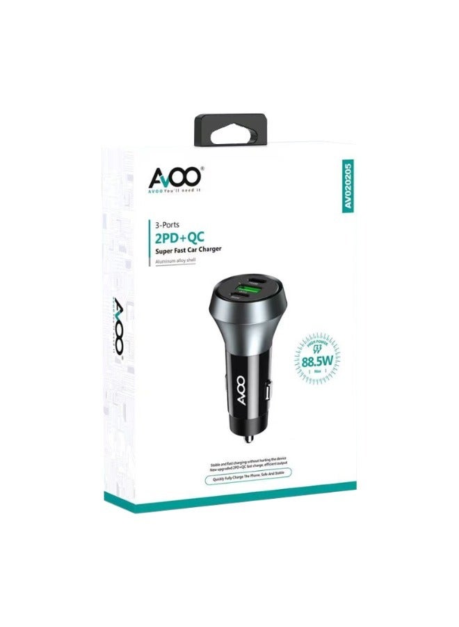 AVOO USB-C car charger, fast charger with 3 ports and 88.5 watts, 205 car adapter with PIQ 3.0 for iPhone 15/15 Plus/14/14 Pro Max, Galaxy S23, iPad Air, and more, gray - Image 1
