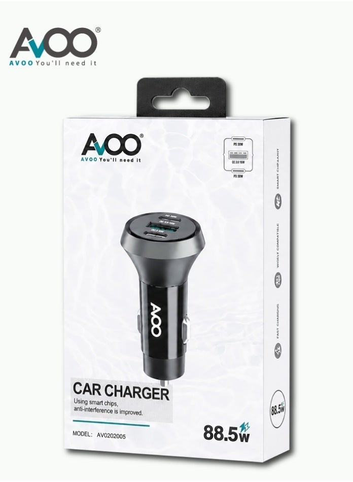 AVOO USB-C car charger, fast charger with 3 ports and 88.5 watts, 205 car adapter with PIQ 3.0 for iPhone 15/15 Plus/14/14 Pro Max, Galaxy S23, iPad Air, and more, gray - Image 2
