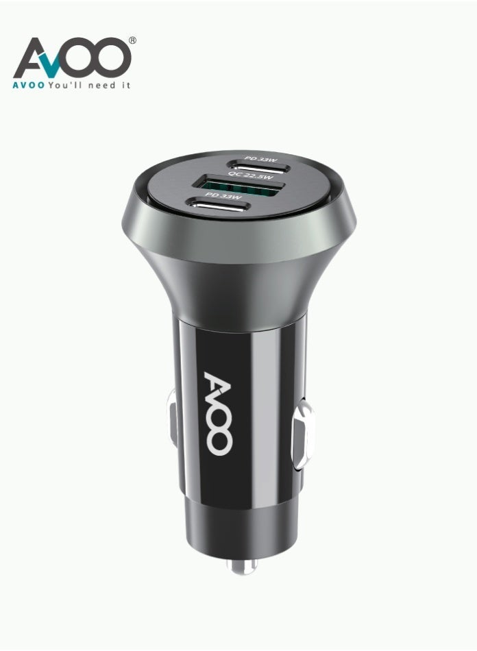 AVOO USB-C car charger, fast charger with 3 ports and 88.5 watts, 205 car adapter with PIQ 3.0 for iPhone 15/15 Plus/14/14 Pro Max, Galaxy S23, iPad Air, and more, gray - Image 1