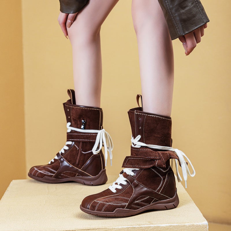 MEIYOUMEINX Vintage Boxing Boots for Women 2026 New Spring Summer Outdoor Mid-Calf Boots Comfortable Low Wedge Round Toe Lace-Up - Image 3