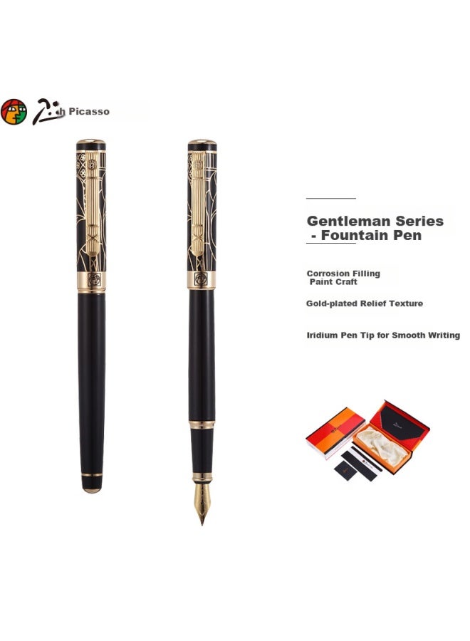 Pimio Fountain Pen, Signature Pen, Business Office Gift, Adult Student Handwriting Practice, Graduation Gift For Men And Women, Ink Pen, Gentleman Series 902, Black With Gold Plating And Carving - Image 1