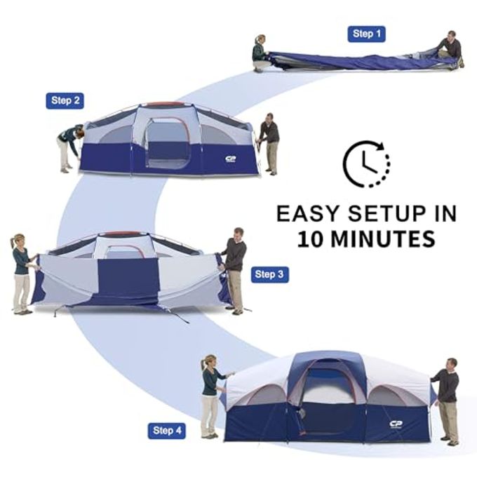 CAMPROS CP Tent 8 Person Camping Tents, Weather Resistant Family Tent, 5 Large Mesh Windows, Double Layer, Divided Curtain For Separated Room, Portable With Carry Bag Blue - Image 5