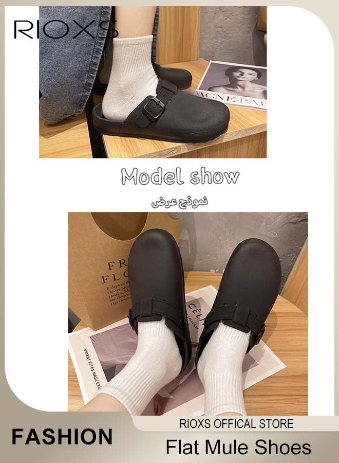 Women's Flat Mules, Classic Sandals with Rounded Toe and Buckle Detail, Fashionable Comfortable Slippers, Slip-On Backless Mule Shoes, Fashionable Mule Slides with Flexible Non-slip Sole, Easy to Wear On and Off