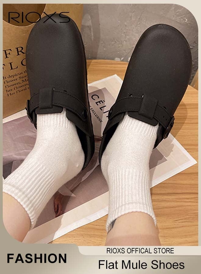 Women's Flat Mules, Classic Sandals with Rounded Toe and Buckle Detail, Fashionable Comfortable Slippers, Slip-On Backless Mule Shoes, Fashionable Mule Slides with Flexible Non-slip Sole, Easy to Wear On and Off