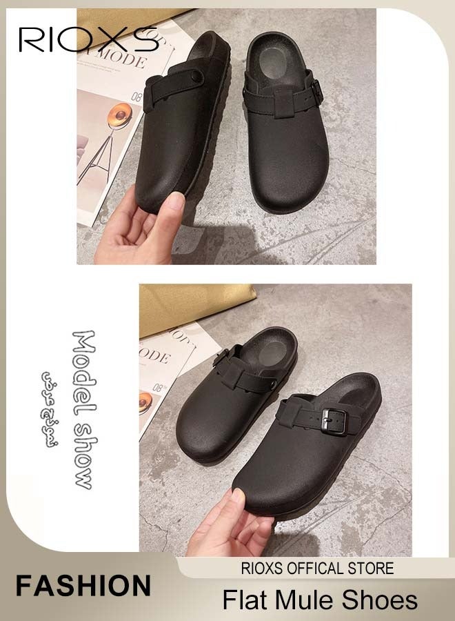 RIOXS Women's Flat Mules, Classic Sandals with Rounded Toe and Buckle Detail, Fashionable Comfortable Slippers, Slip-On Backless Mule Shoes, Fashionable Mule Slides with Flexible Non-slip Sole, Easy to Wear On and Off - Image 4