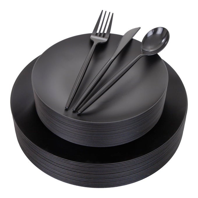 EI 150PCS BLACK PLASTIC PLATES FROSTED PLASTIC PLATEPREMIUM HEAVY DUTY BLACK PLASTIC PLATESBLACK DISPOSABLE PLATES WITH BLACK PLASTIC SILVERWARE1025 DINNER PLATES AND 75 DESSERT PLATE