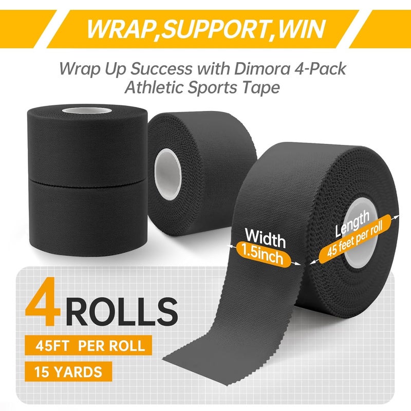 Dimora Athletic Tape, Easy Tear Sports Tape with Serrated Edges, Strong Adhesion, No Residue, Ideal for Gymnastics, Boxing, Lacrosse, Hockey and First Aid (Black, 1.5 in x 45 ft, Pack of 4) - Image 2