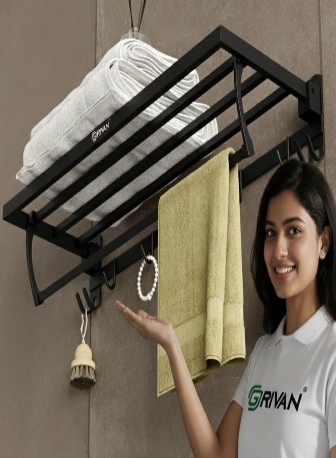 GRIVAN Durable Stainless Steel 24 Inch Foldable Towel Rack/Shelf/Stand for Bathroom, Towel Holder with Hooks and Hanger (Black Matte Finish) - Image 1