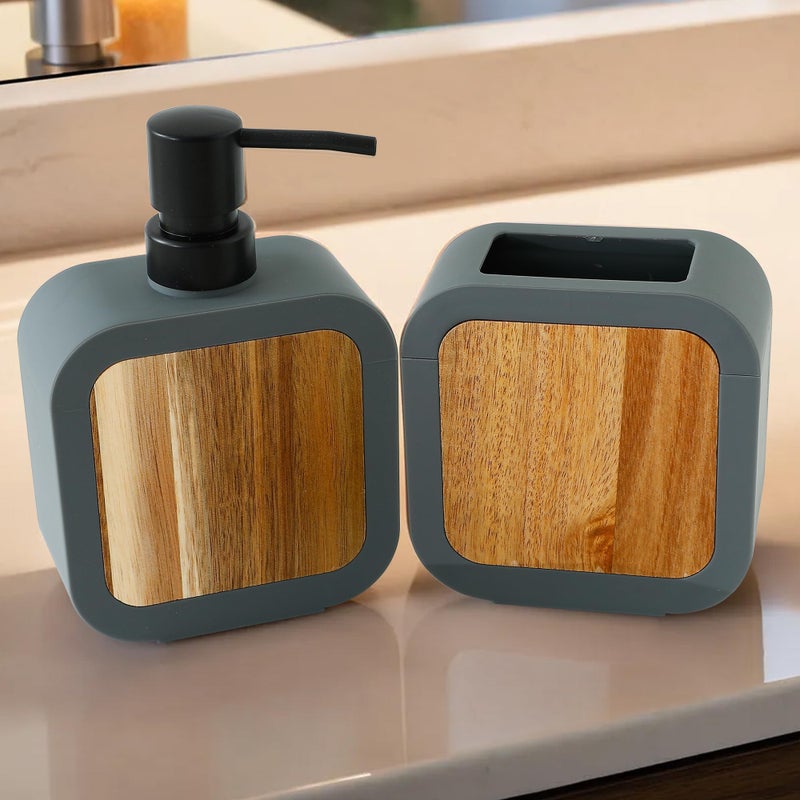 Homestic 2 Pcs Bathroom Accessory Set | Includes Liquid Soap Dispenser for Bathroom (380ML) & Toothbrush Holder | Bathroom & Kitchen Sink Accessories Set for Home | Grey-KL9246-BS-GRY - Image 1