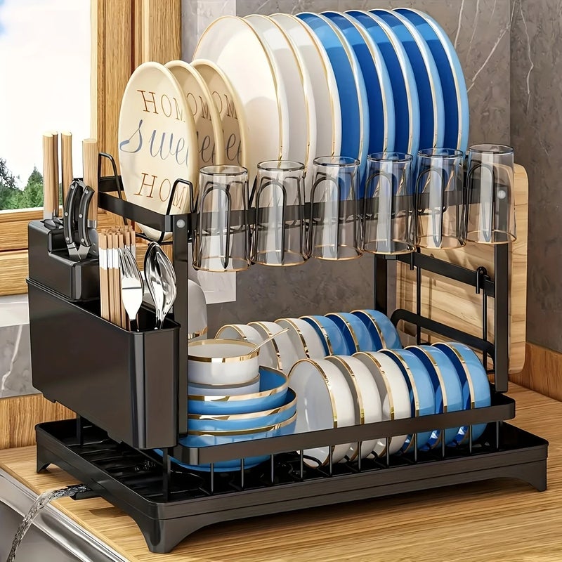 Large-Capacity Double-Layer Kitchen Storage Rack with Drainage, Lockable Metal Tableware Stand for Bowls, Kitchen Organizers - Image 2