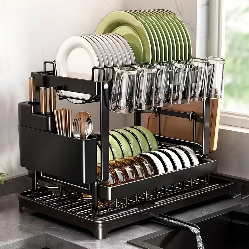 Large-Capacity Double-Layer Kitchen Storage Rack with Drainage, Lockable Metal Tableware Stand for Bowls, Kitchen Organizers - Image 1