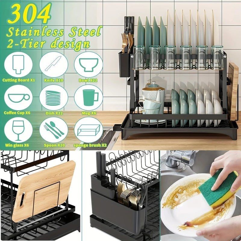 Large-Capacity Double-Layer Kitchen Storage Rack with Drainage, Lockable Metal Tableware Stand for Bowls, Kitchen Organizers - Image 3