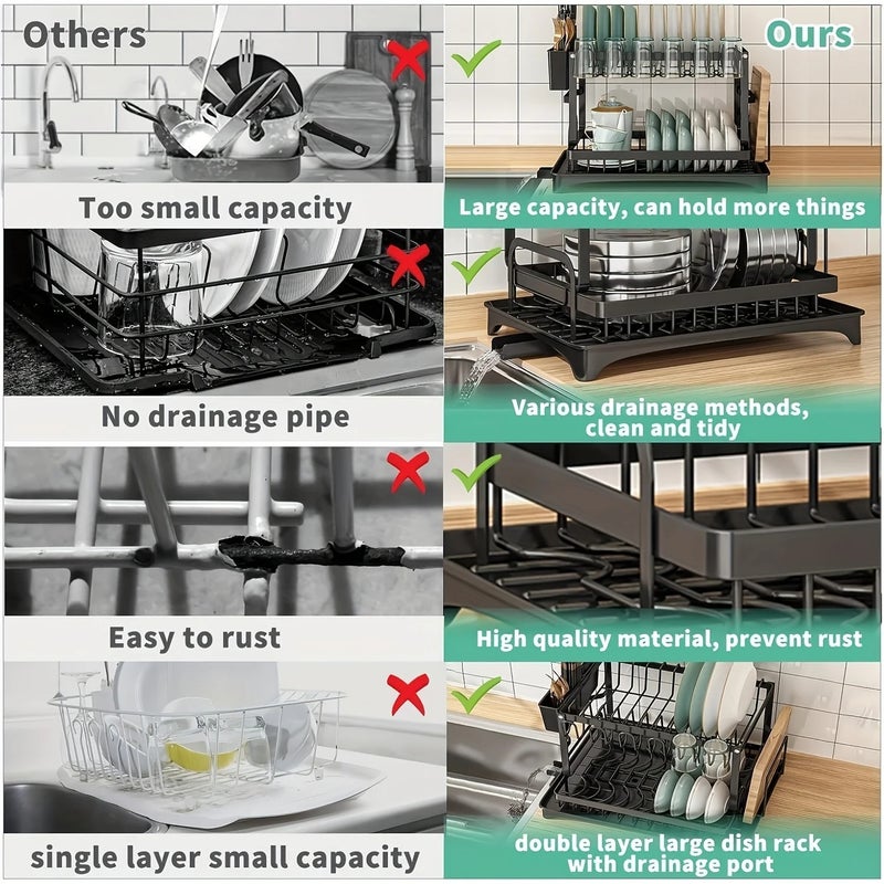 Large-Capacity Double-Layer Kitchen Storage Rack with Drainage, Lockable Metal Tableware Stand for Bowls, Kitchen Organizers - Image 5