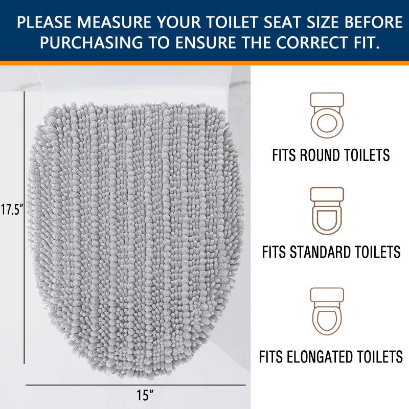 Arotive Soft Chenille Bathroom Toilet Lid Cover 17.5x15, Machine Washable Seat Covers, Stays in Place Non-Slip Backing, Fits Most Round, Elongated and Oblong Lids, Accessories Decor, Light Grey - Image 2