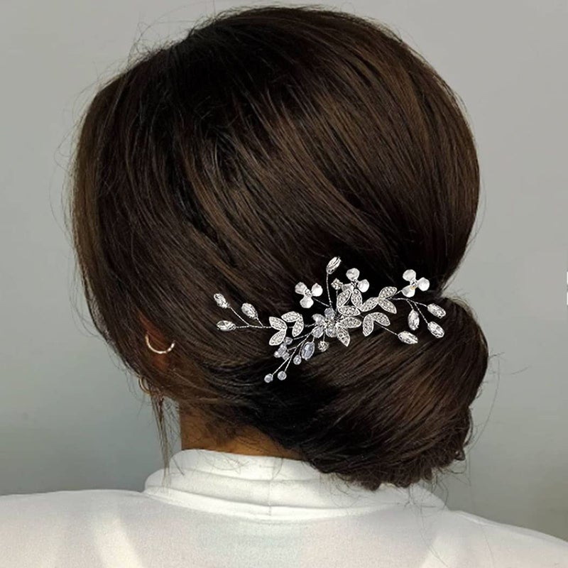 Easedaily Leaf Bride Wedding Hair Comb Silver Rhinestone Brial Hair Pieces Flower Hair Clip Hair Accessories for Women and Girls