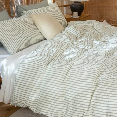 TISPLR Queen Size Comforter Set Striped Soft Luxury Washed Microfiber Jacquard 3 Pieces Bedding, Sage Green Vertical Ticking Stripes Pattern Comforter with 2 Pillowcases Breathable Durable Comfy - Image 4