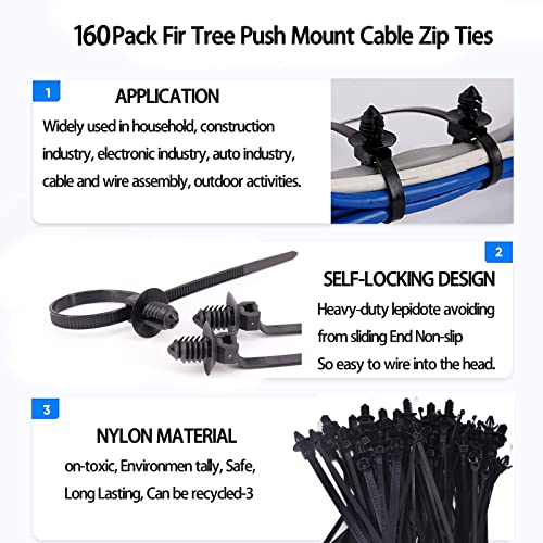 Niteguy 160Pcs Universal Nylon Push Mount Cable Zip Tie, Self Locking Cable Strap,Heavy Duty Nylon Push Mount Self Locking UV Resistant,5 Most Popular Sizes,for Indoor Wire Tying Construction Auto ect - Image 4