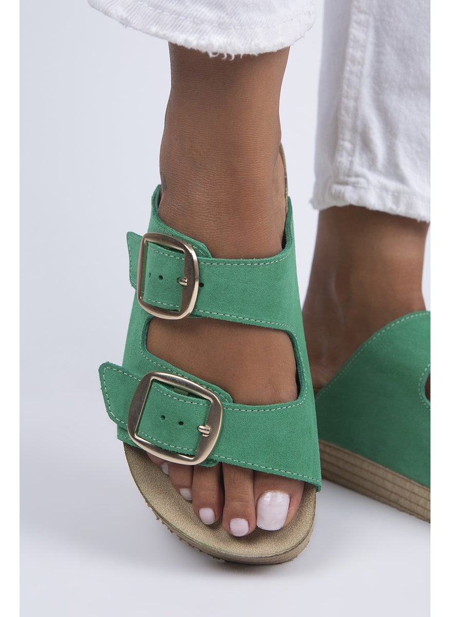 Manijero Selina Women's Leather Double Buckle Green - Gold Slippers  - Image 3