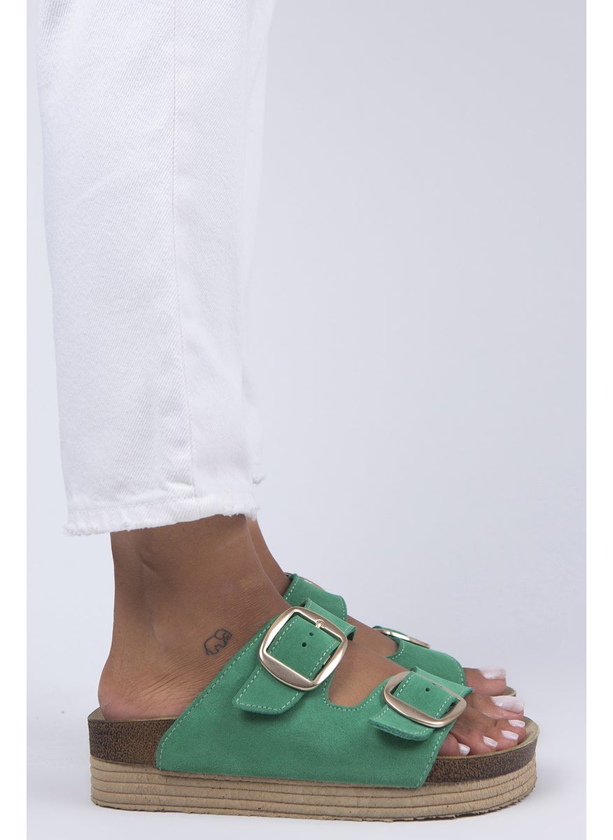 Manijero Selina Women's Leather Double Buckle Green - Gold Slippers  - Image 1