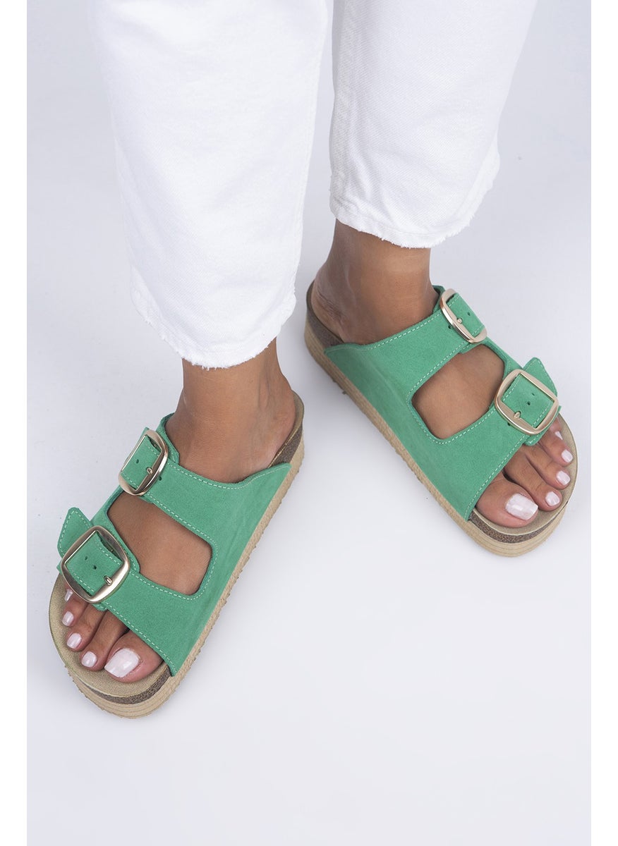 Manijero Selina Women's Leather Double Buckle Green - Gold Slippers  - Image 4