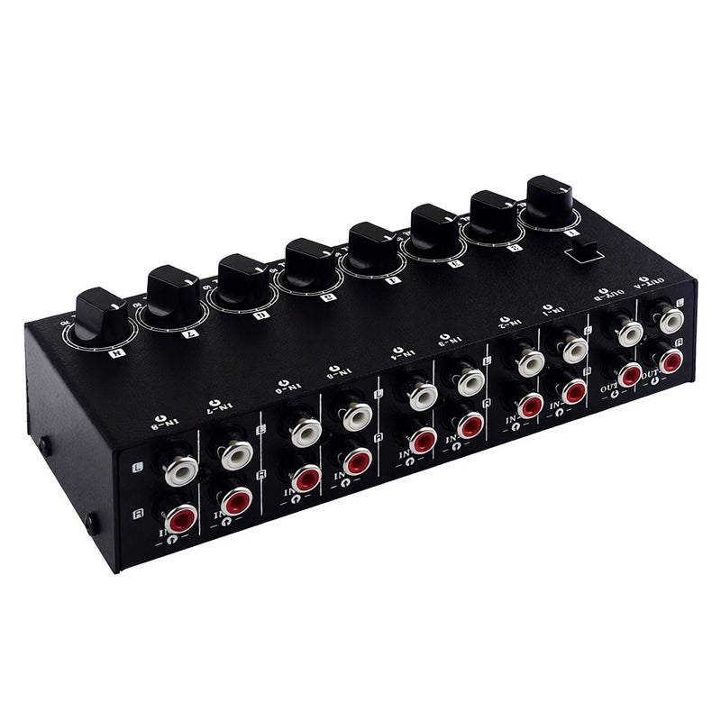 B066 Mini Stereo 8 Channel Passive Mixer RCA Portable Audio Mixer 8 in 2 out Stereo Distributor Volume Control, No External Power Required - Image 1